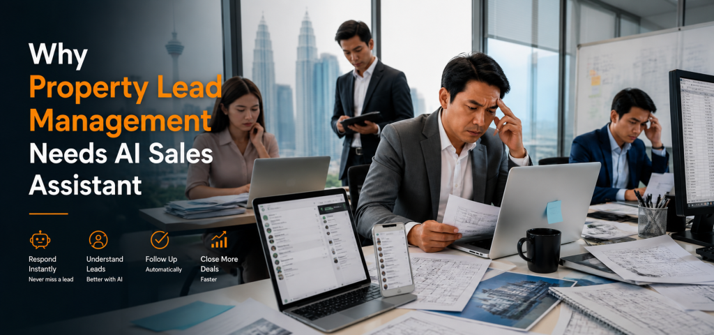 Property Lead Management: 5 Essentials of AI Sales Assistant Property lead management showing scattered leads across spreadsheets and chat apps.