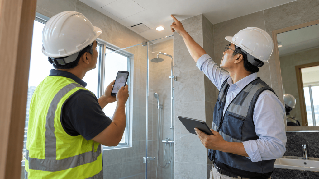 DLP Defect Management System: 5 Powerful Dashboard Signals Developer representative and contractor verifying a bathroom defect rectification in a condominium unit