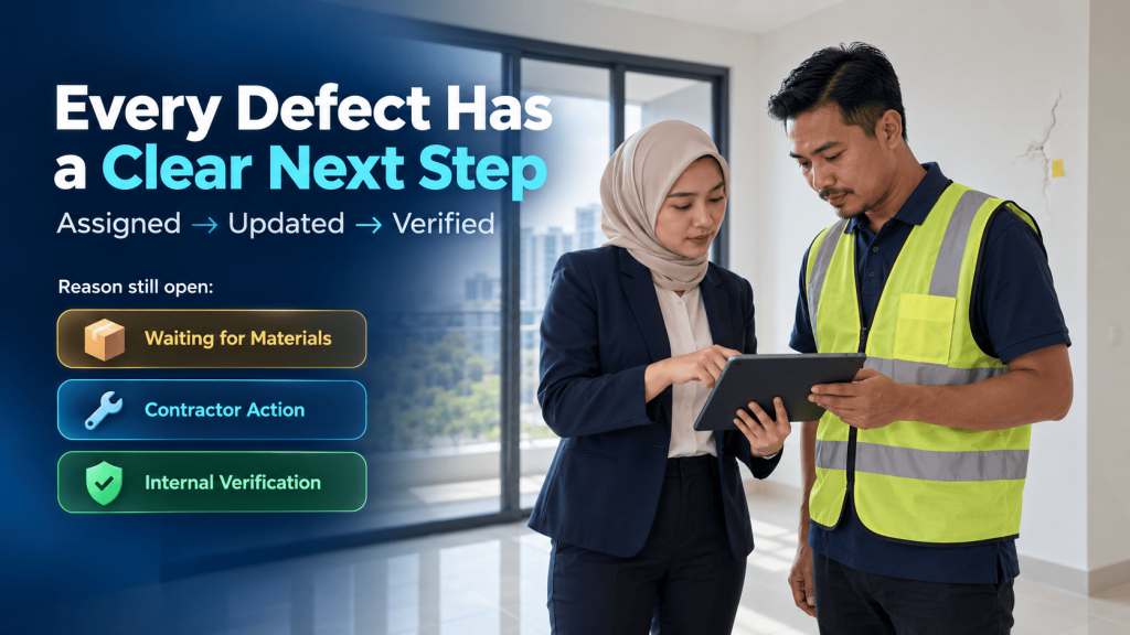 DLP Defect Management System: 5 Powerful Dashboard Signals Project manager and contractor reviewing a defect on a tablet, with ProFix tracking assignment, progress updates, verification and reasons defects remain open.