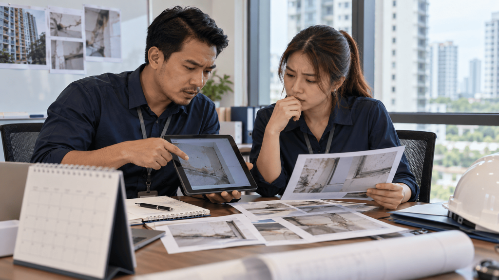 DLP Defect Management System: 5 Powerful Dashboard Signals Property project team reviewing older defect reports on a tablet and inspection photos