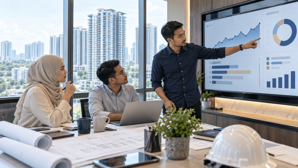 DLP Defect Management System: 5 Powerful Dashboard Signals Property developer management team reviewing defect progress and backlog trends in a meeting